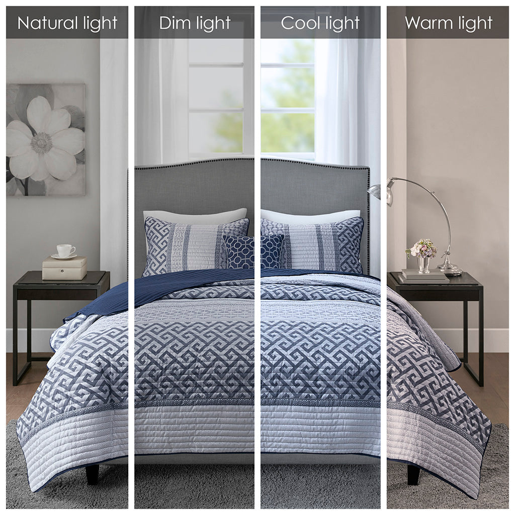 Bennett 4 Piece Jacquard Quilt Set with Throw Pillow - Navy