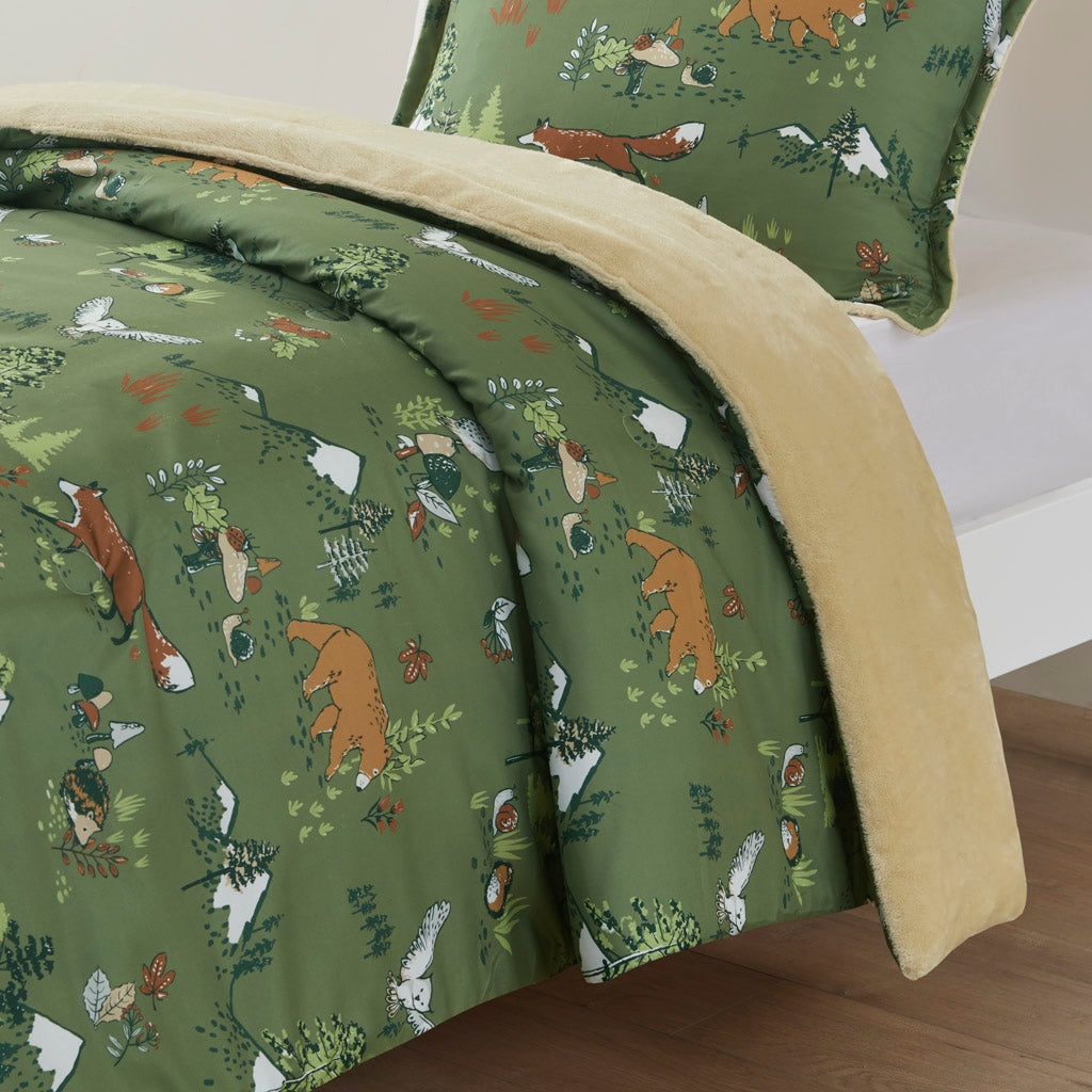 Heath Forest Animals Plush Reversible Comforter Set - Green