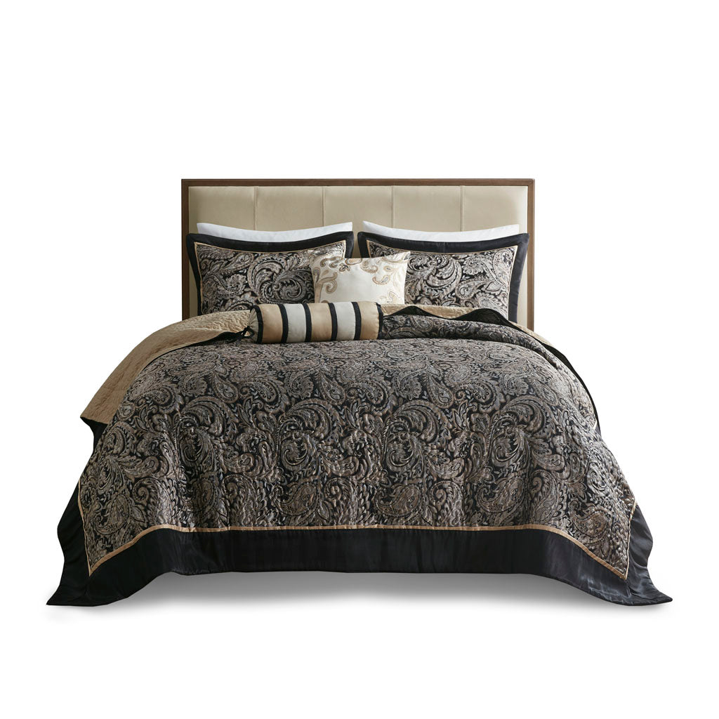 Aubrey 5 Piece Jacquard Bedspread Set with Throw Pillows - Black