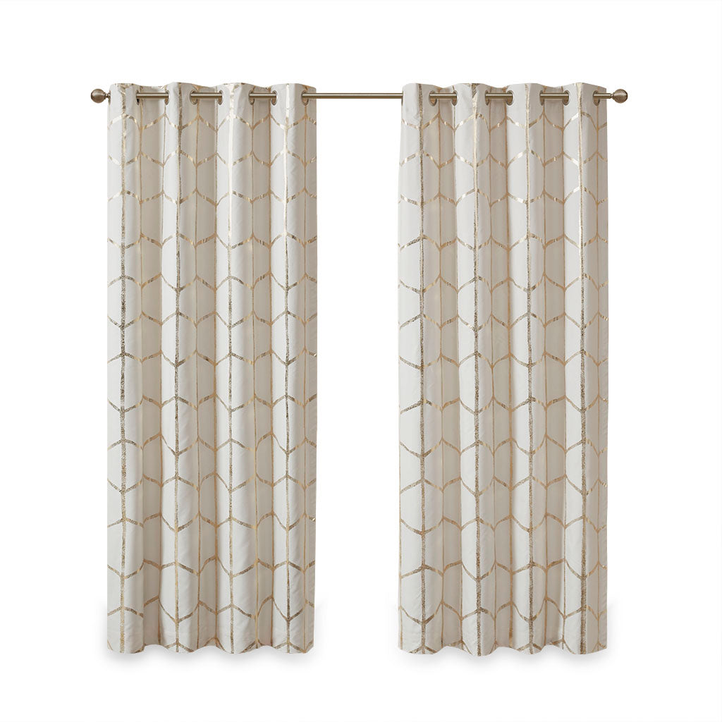 Raina Total Blackout Metallic Print Grommet Top Curtain Panel - Ivory/Gold