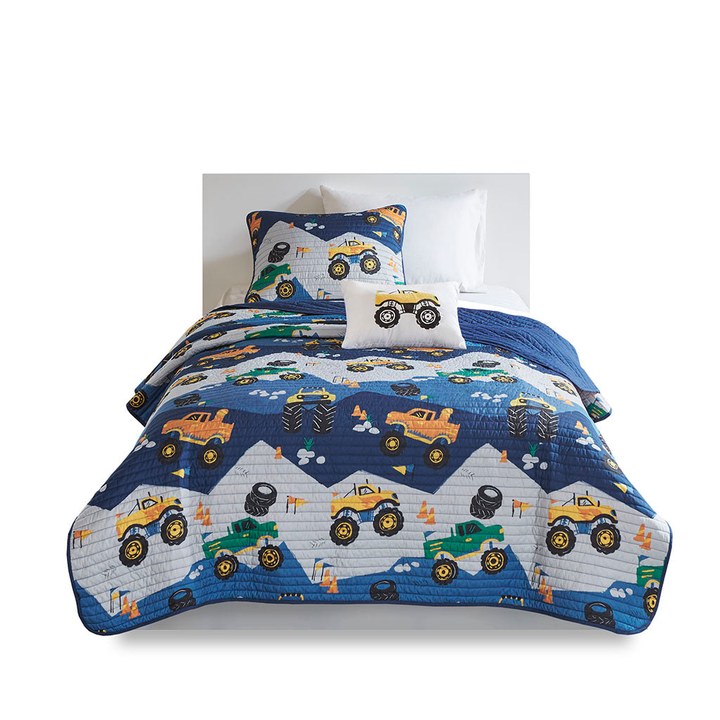 Nash Monster Truck Reversible Quilt Set with Throw Pillow - Blue