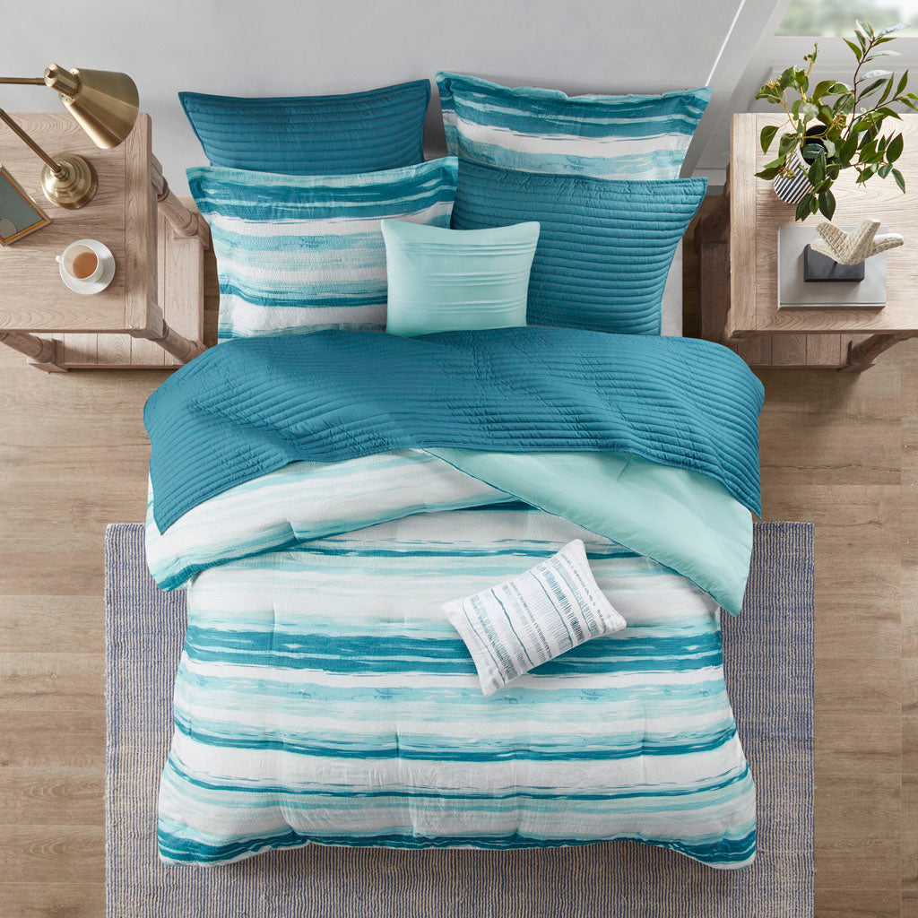Marina 8 Piece Printed Seersucker Comforter and Quilt Set Collection - Aqua