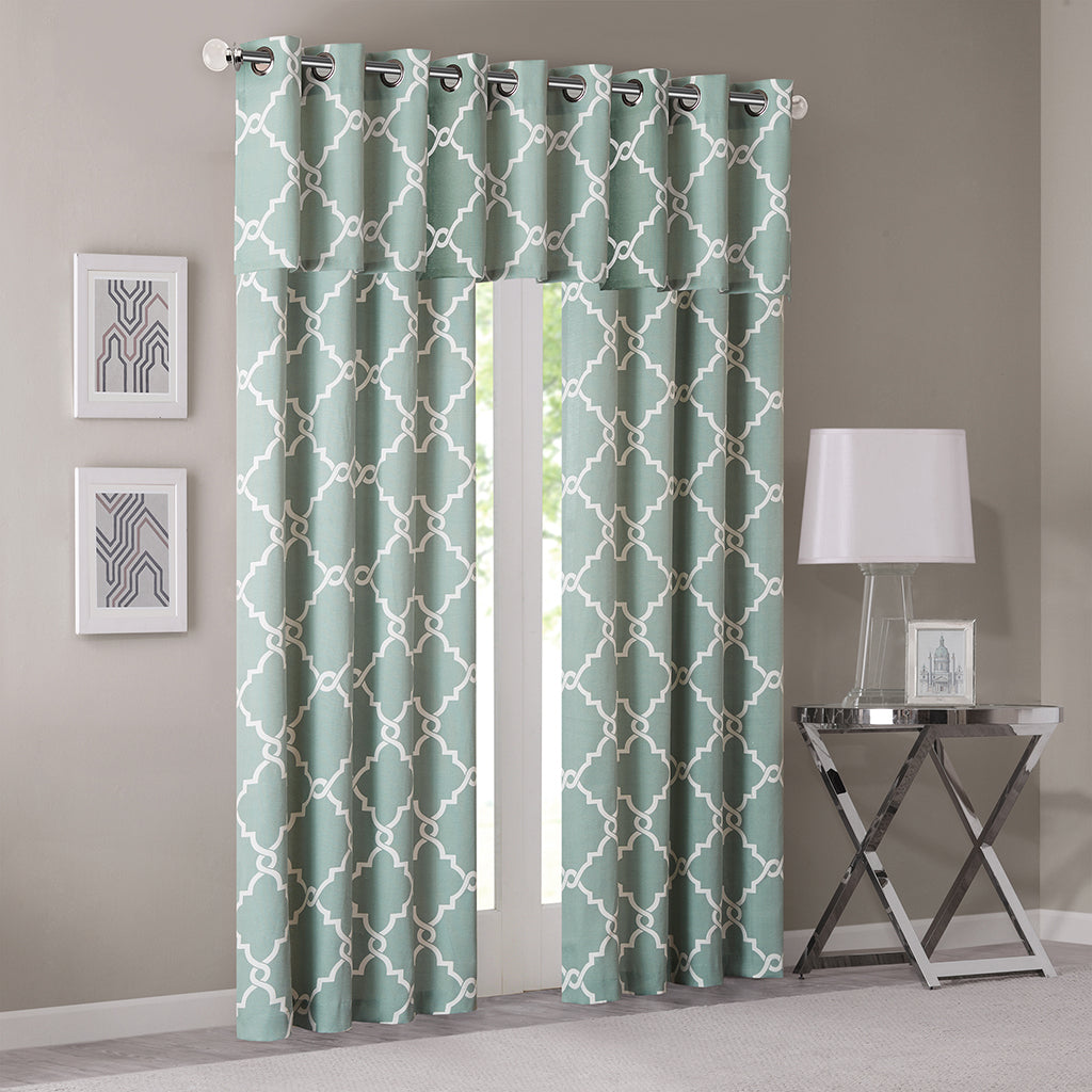 Saratoga Fretwork Print Grommet Top Window Valance - Seafoam/White