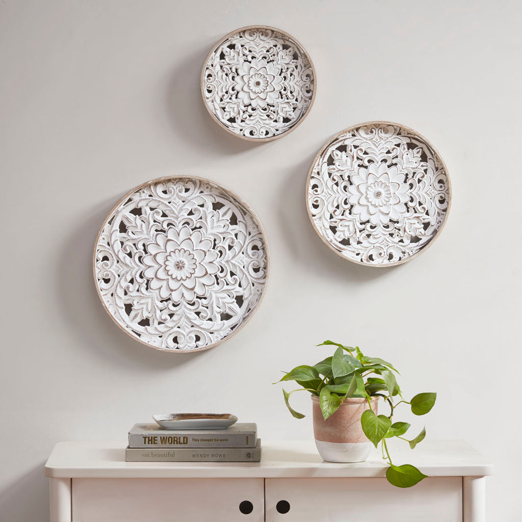 Medallion Trio Distressed White Floral 3-piece Carved Wood Wall Decor Set - Natural/White