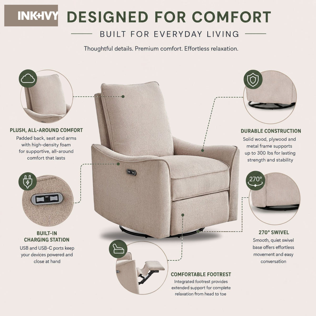 Cameron Power Recliner 3-in-1 with Swivel, Glider, Charging Station - Beige