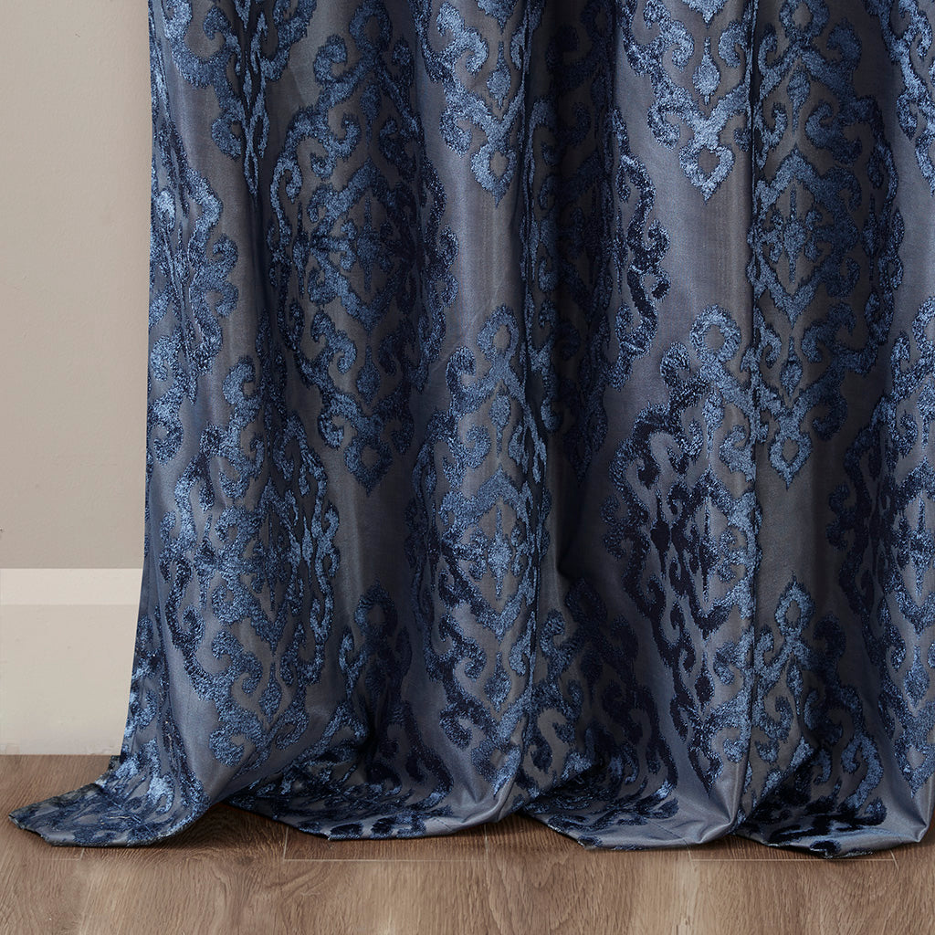 Mirage Knitted Jacquard Damask Total Blackout Grommet Top Curtain Panel - Navy