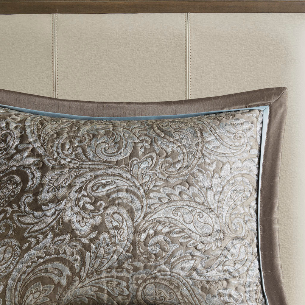 Aubrey 5 Piece Jacquard Bedspread Set with Throw Pillows - Blue/Brown