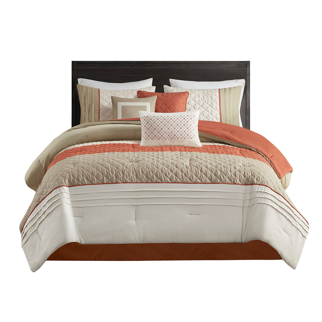 Jenson 7 Piece Color Block Stripe Comforter Set with Throw Pillows - Spice