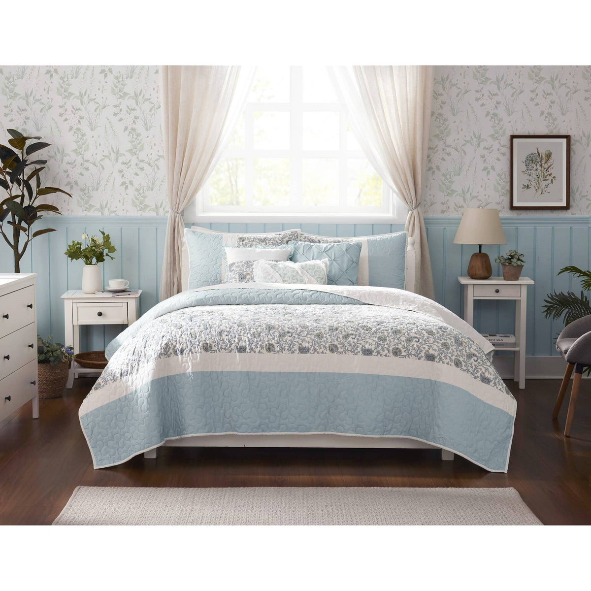Dawn 6 Piece Cotton Percale Quilt Set with Throw Pillows - Aqua