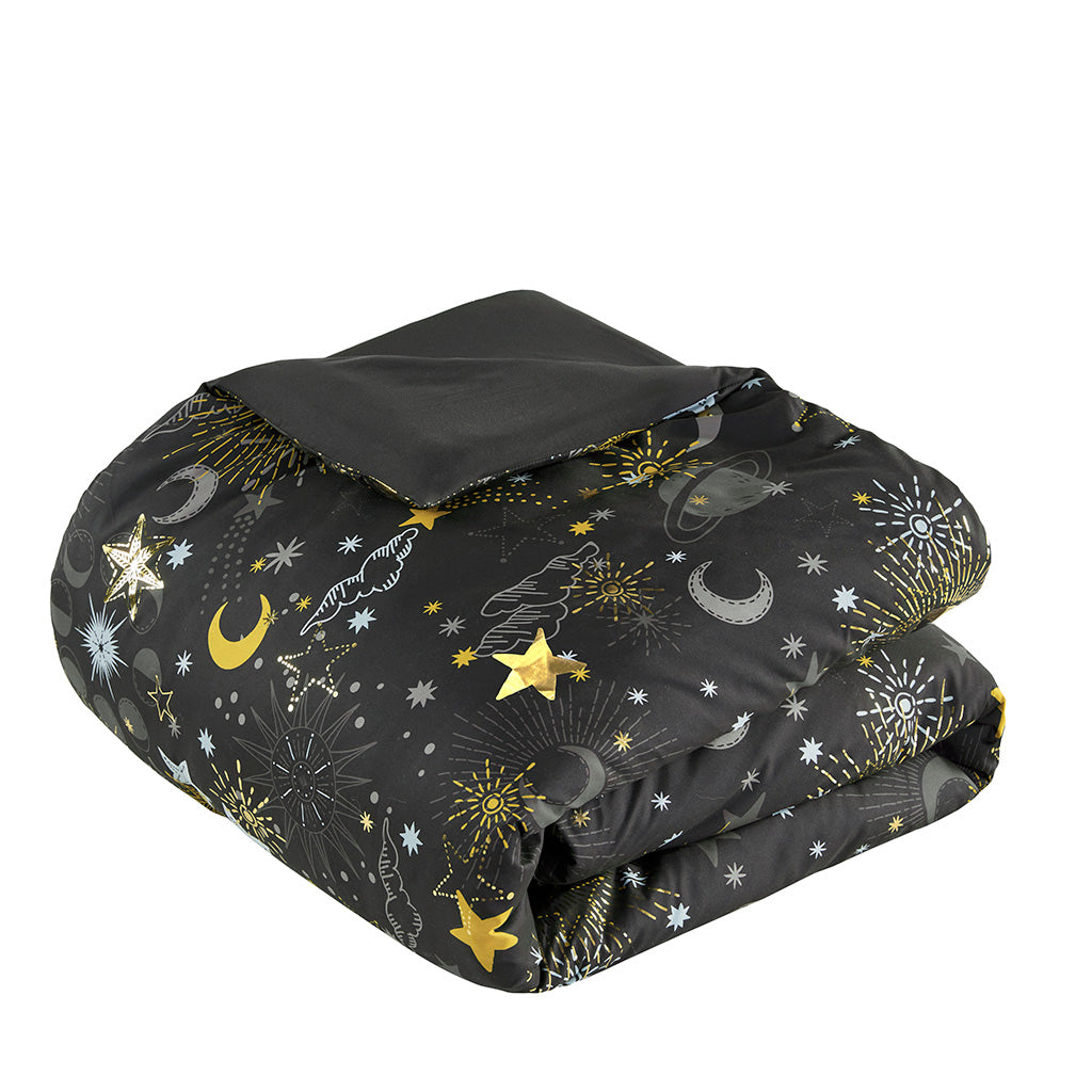 Celia Starry Sky Metallic Comforter Set with Throw Pillow - Charcoal/Gold