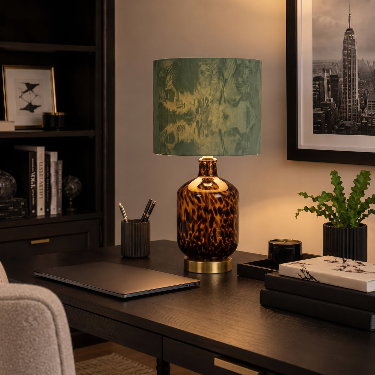 Roux Midi Leopard Glass Table Lamp - Leopard Print/ Green