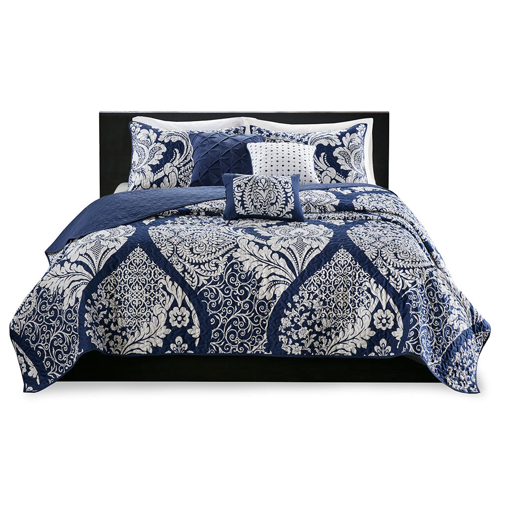 Vienna 6 Piece Printed Cotton Quilt Set with Throw Pillows - Indigo