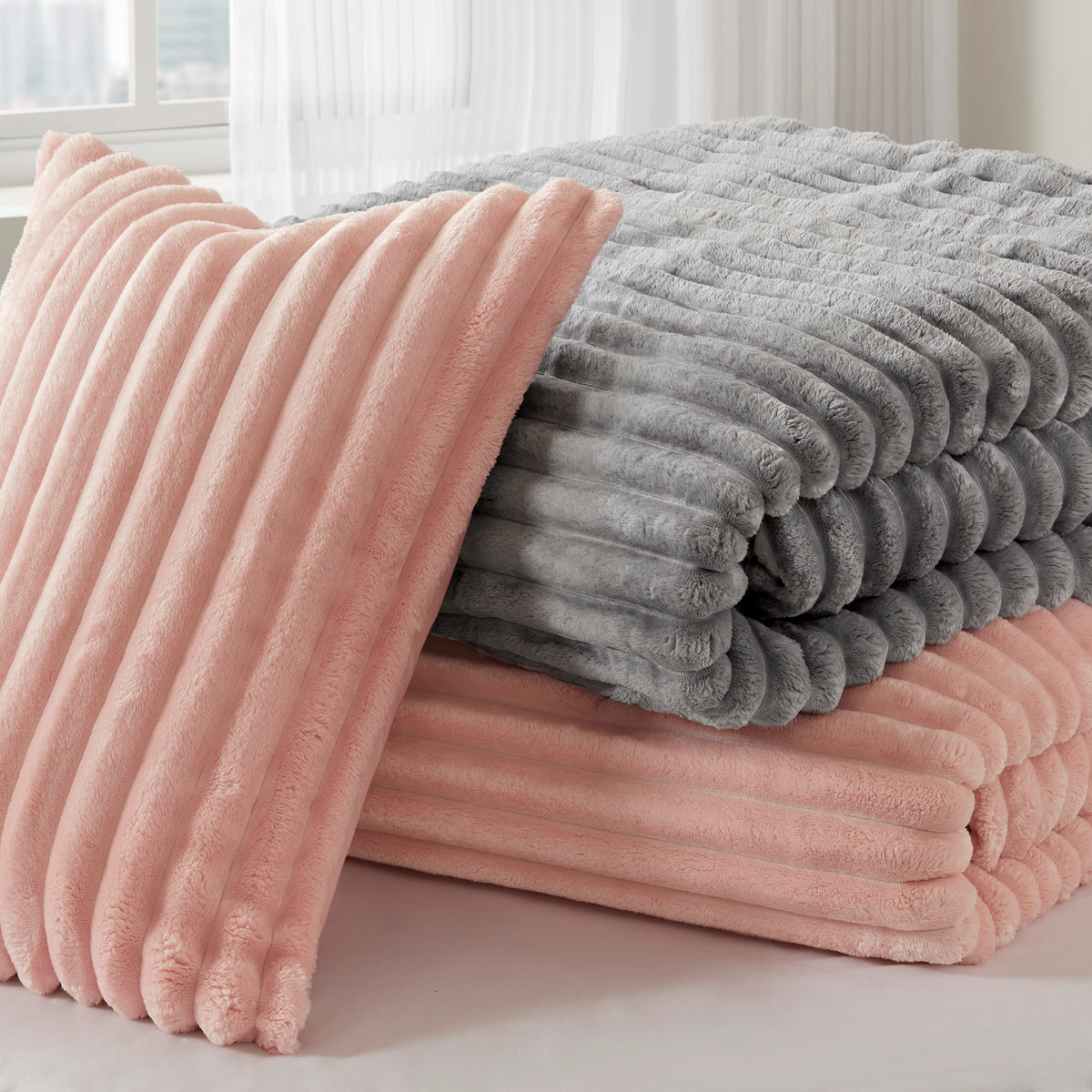Avril Fluffy Ribbed Plush Comforter Set - Gray