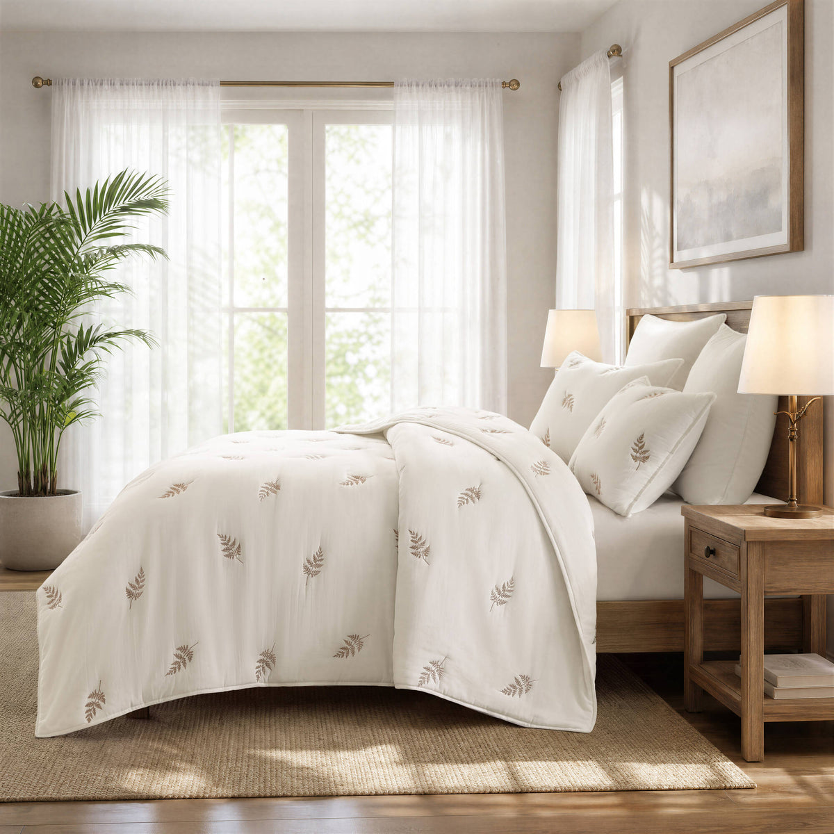 Willow Embroidered Botanical 100% Cotton Lightweight 3 Piece Quilt Set - White/Tan