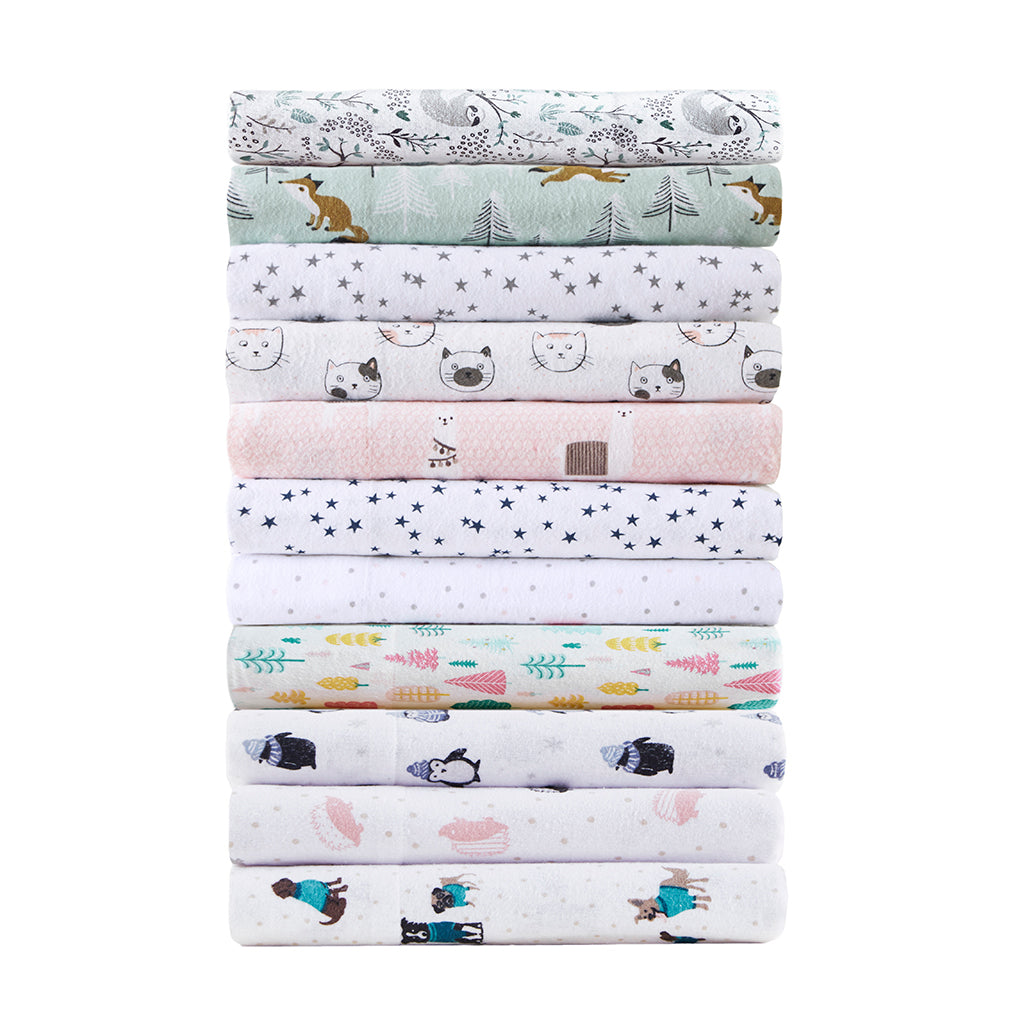 Cozy Soft Cotton Flannel Printed Sheet Set - Grey/Pink Dots