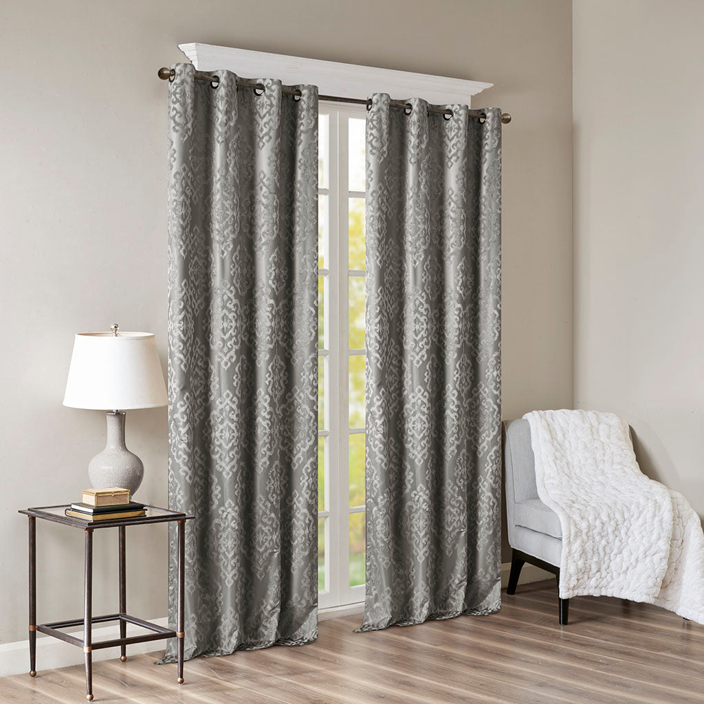 Mirage Knitted Jacquard Damask Total Blackout Grommet Top Curtain Panel - Charcoal