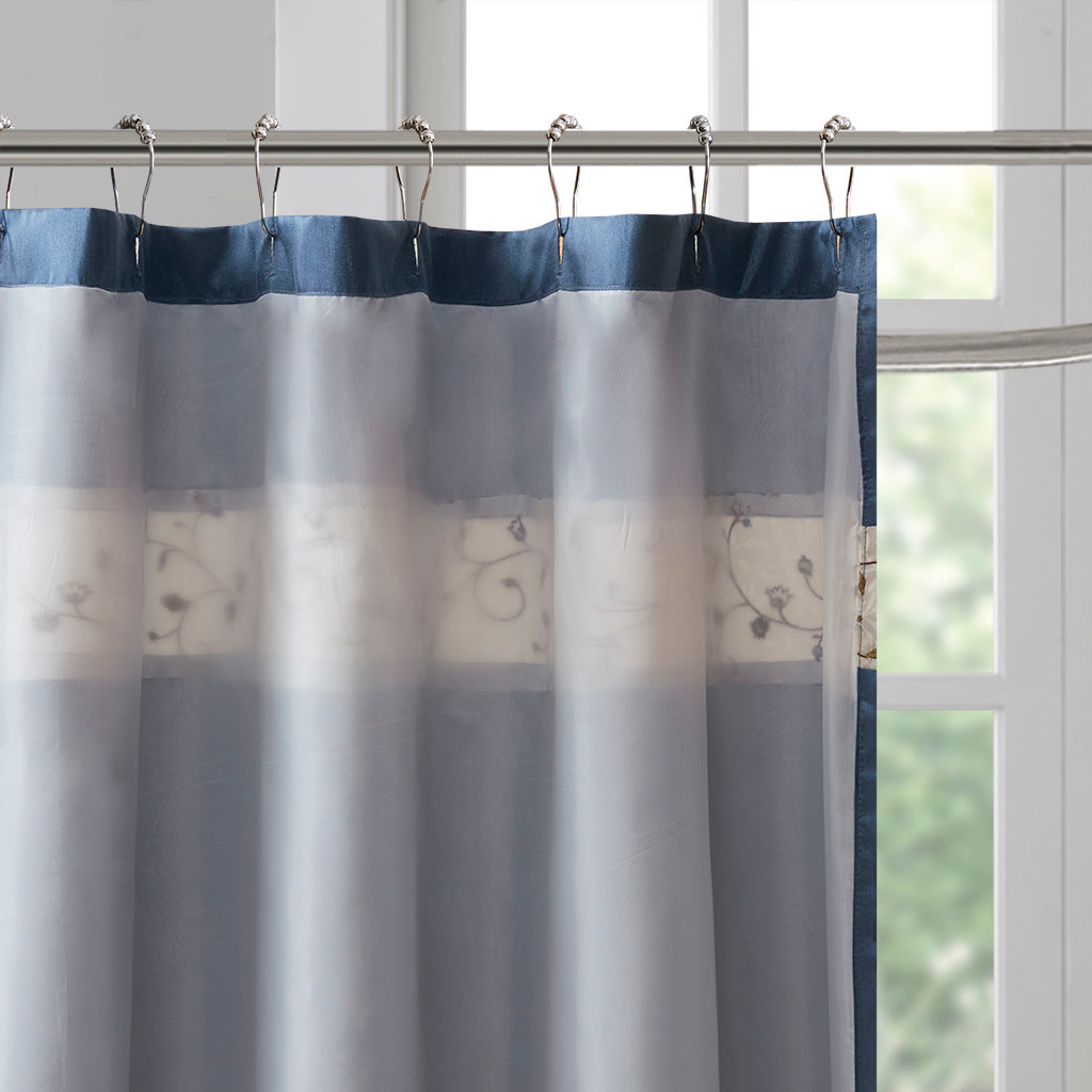Serene Faux Silk Embroidered Floral Shower Curtain - Navy