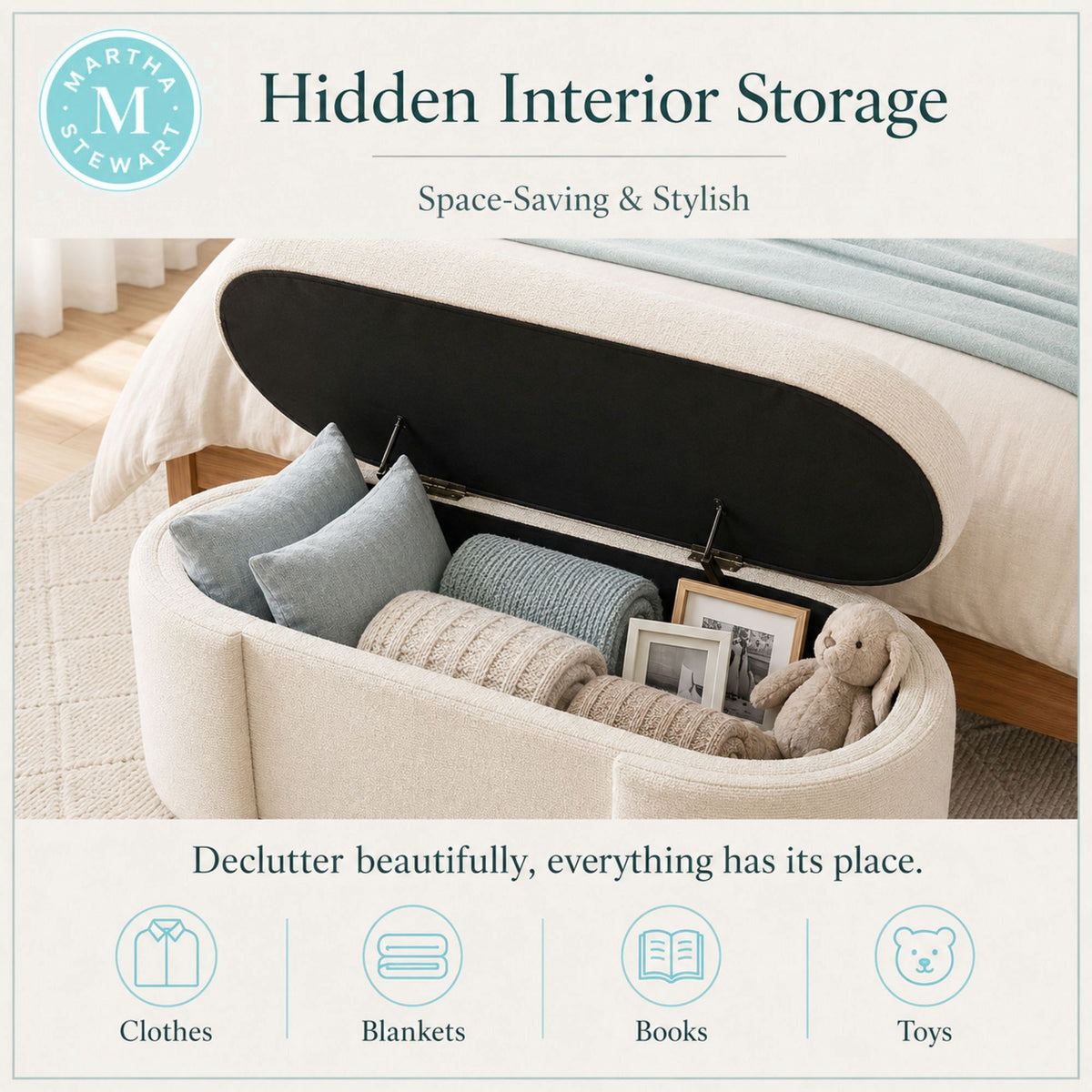 Leslie Fully Upholstered Oval Storage Bench with Soft-Close Lid - Ivory