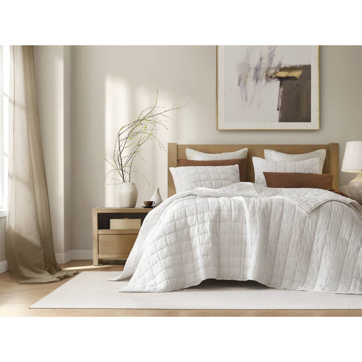 French Flax Linen Garment Washed Quilt Set - White