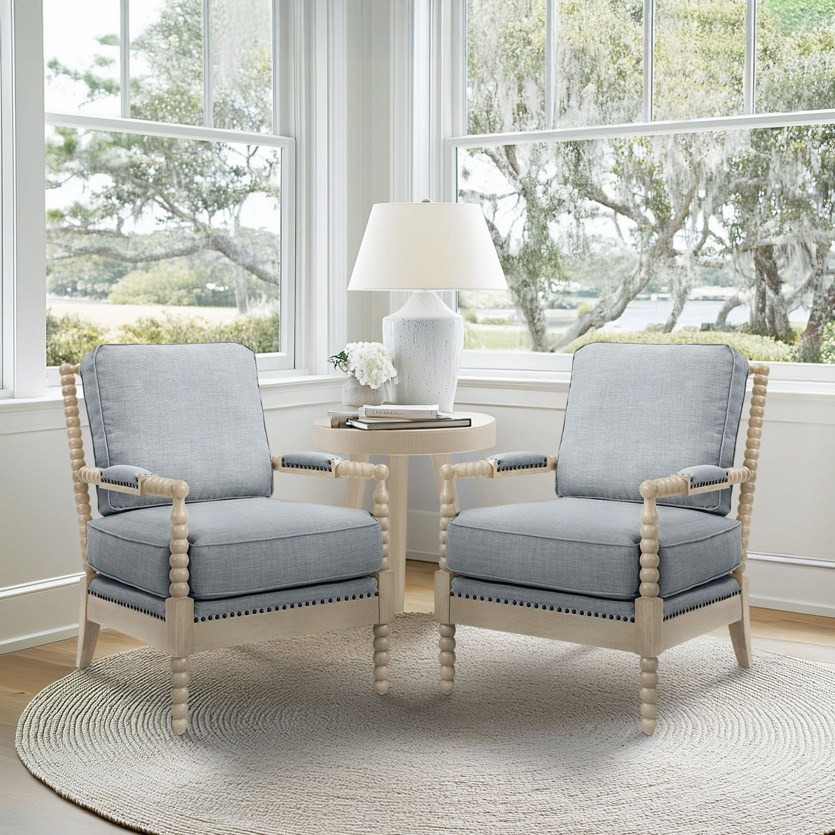 Donohue Turned Spindle Wood Accent Armchair - Light Blue/Antique Cream