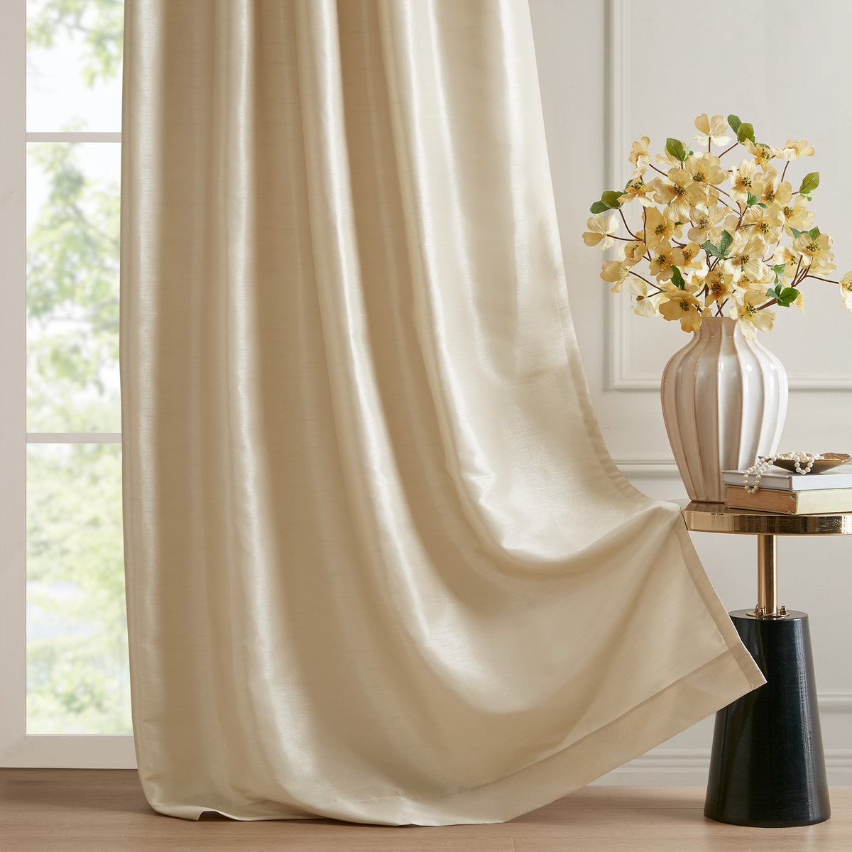 Emilia 100% Polyester Solid Faux Silk Lined Twist Tab Total Blackout Window Curtain - Champagne
