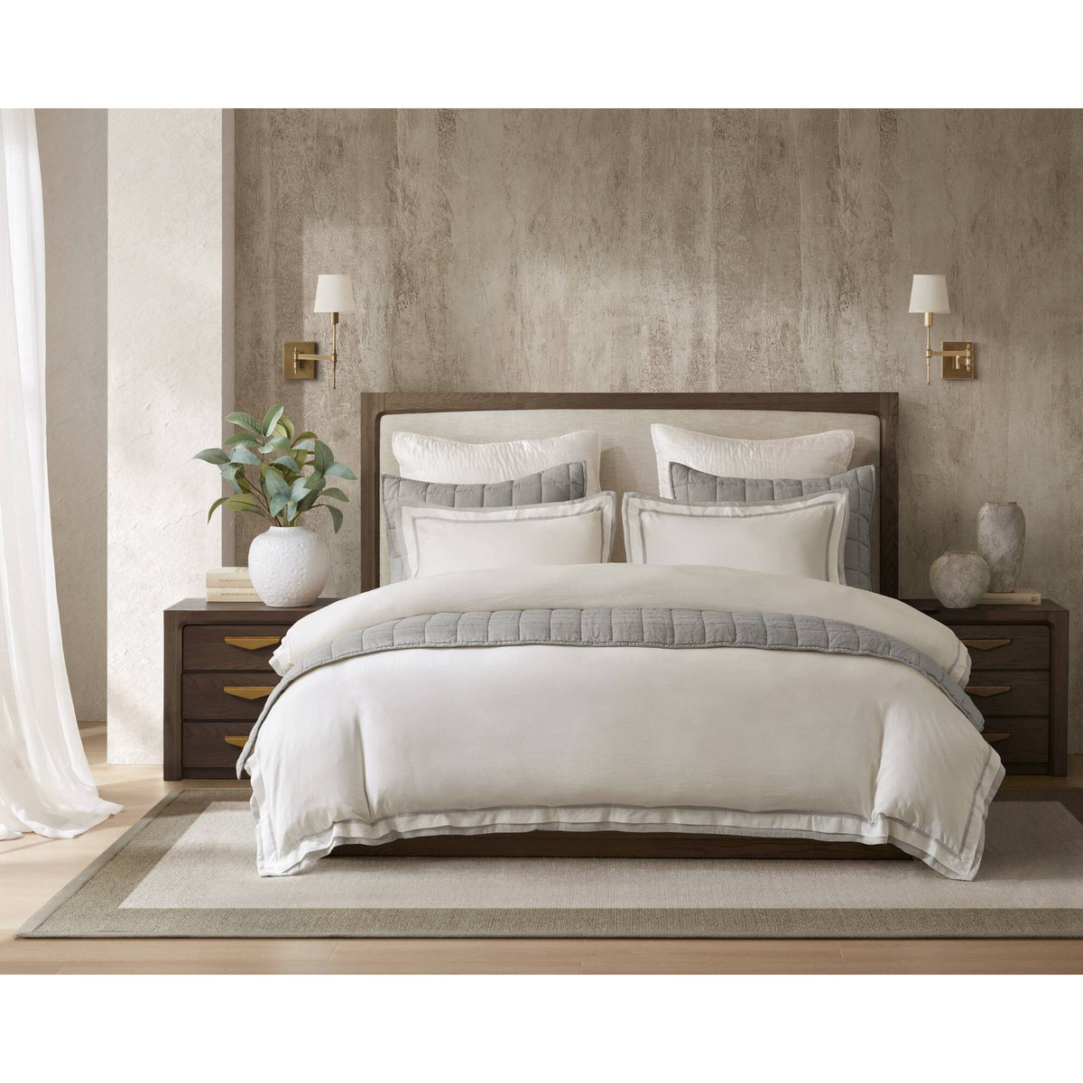 Linen Blend Double Flange Duvet Cover Set - White/Gray