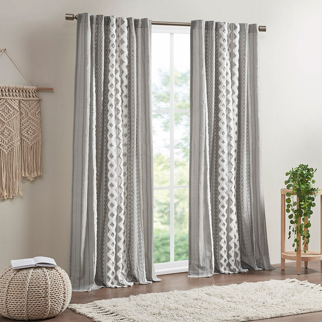 Imani Cotton Printed Curtain Panel with Chenille Stripe and Lining - Gray