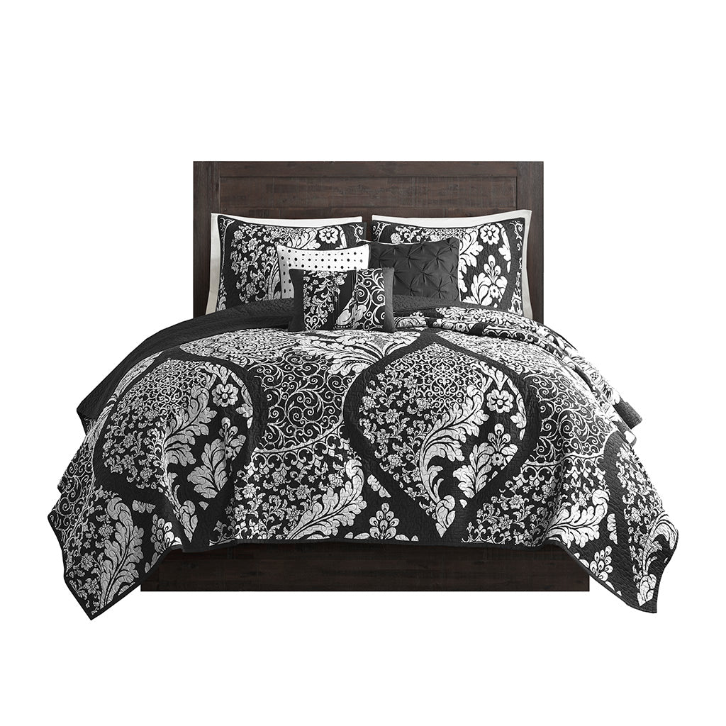 Vienna 6 Piece Printed Cotton Quilt Set with Throw Pillows - Black