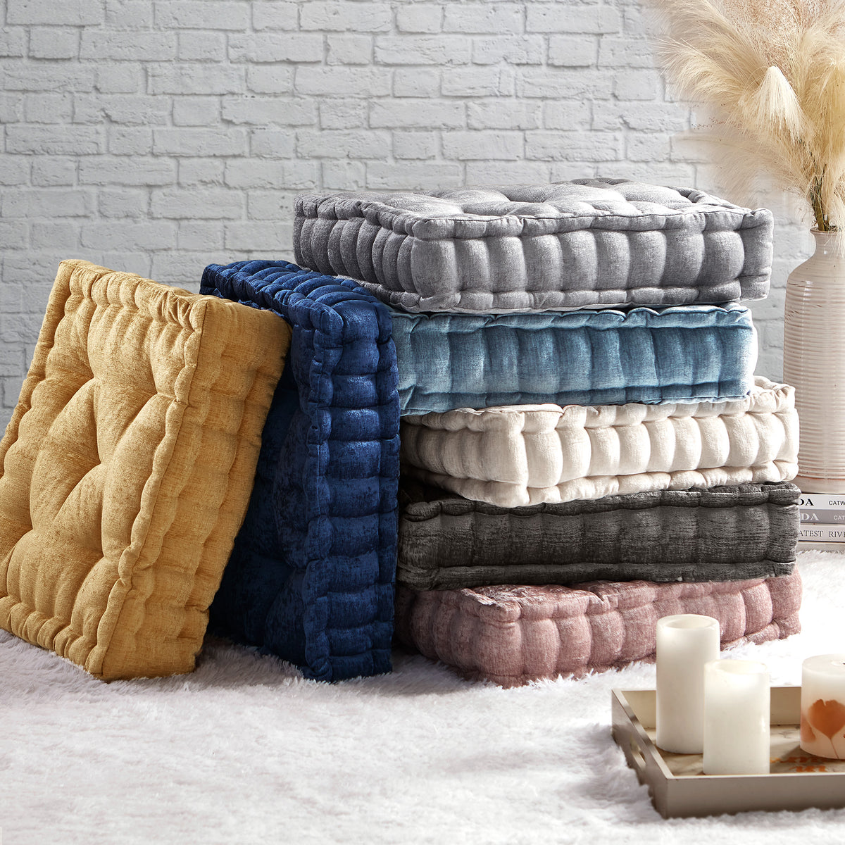 Azza Poly Chenille Square Floor Pillow Cushion Compress Pack - Yellow