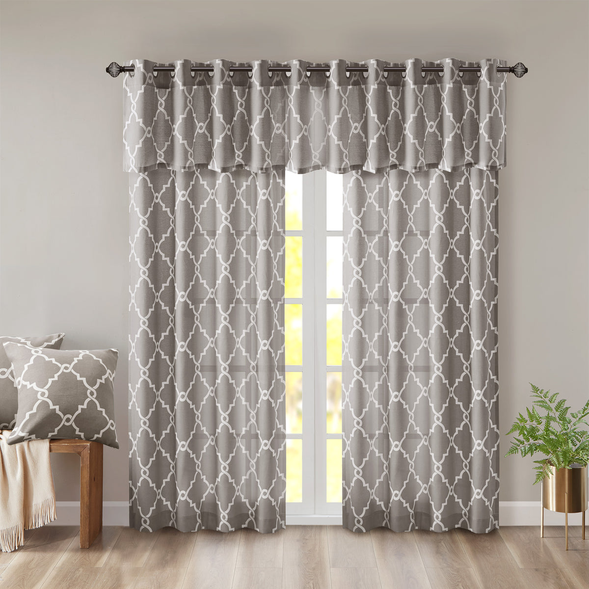 Saratoga Fretwork Print Grommet Top Window Curtain Panel - Grey/White