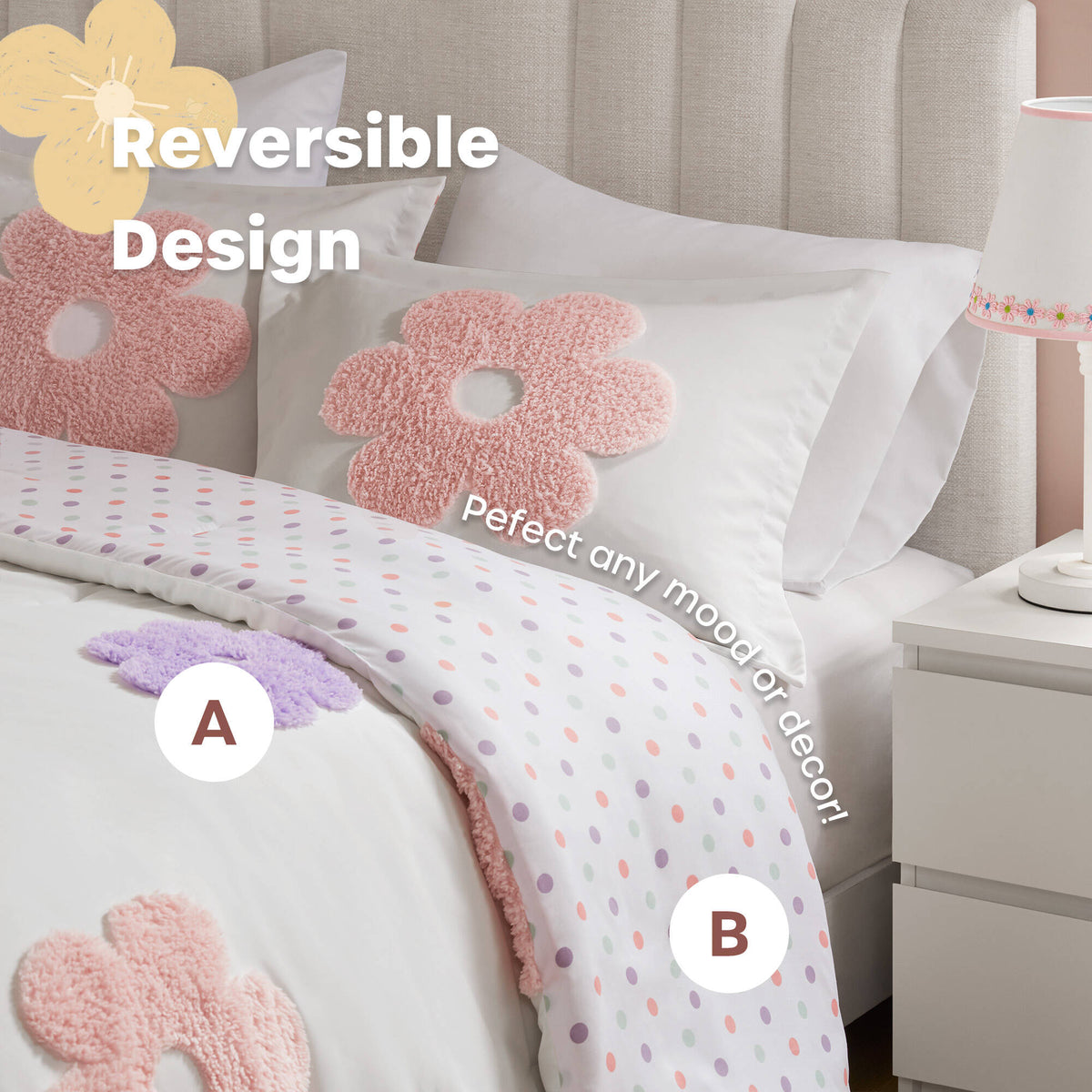 Gracie Floral Reversible Tufted Chenille Comforter Set with Flower Throw Pillow - White/Purple