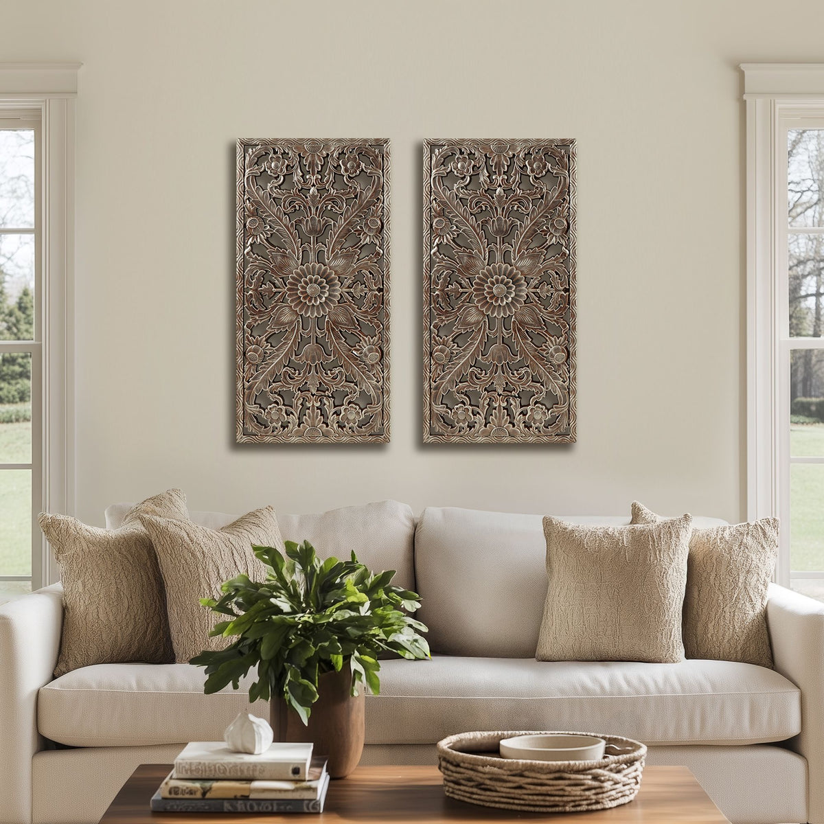 Botanical Panel Distressed Carved Wood 2-piece Wall Decor Set - Bronze