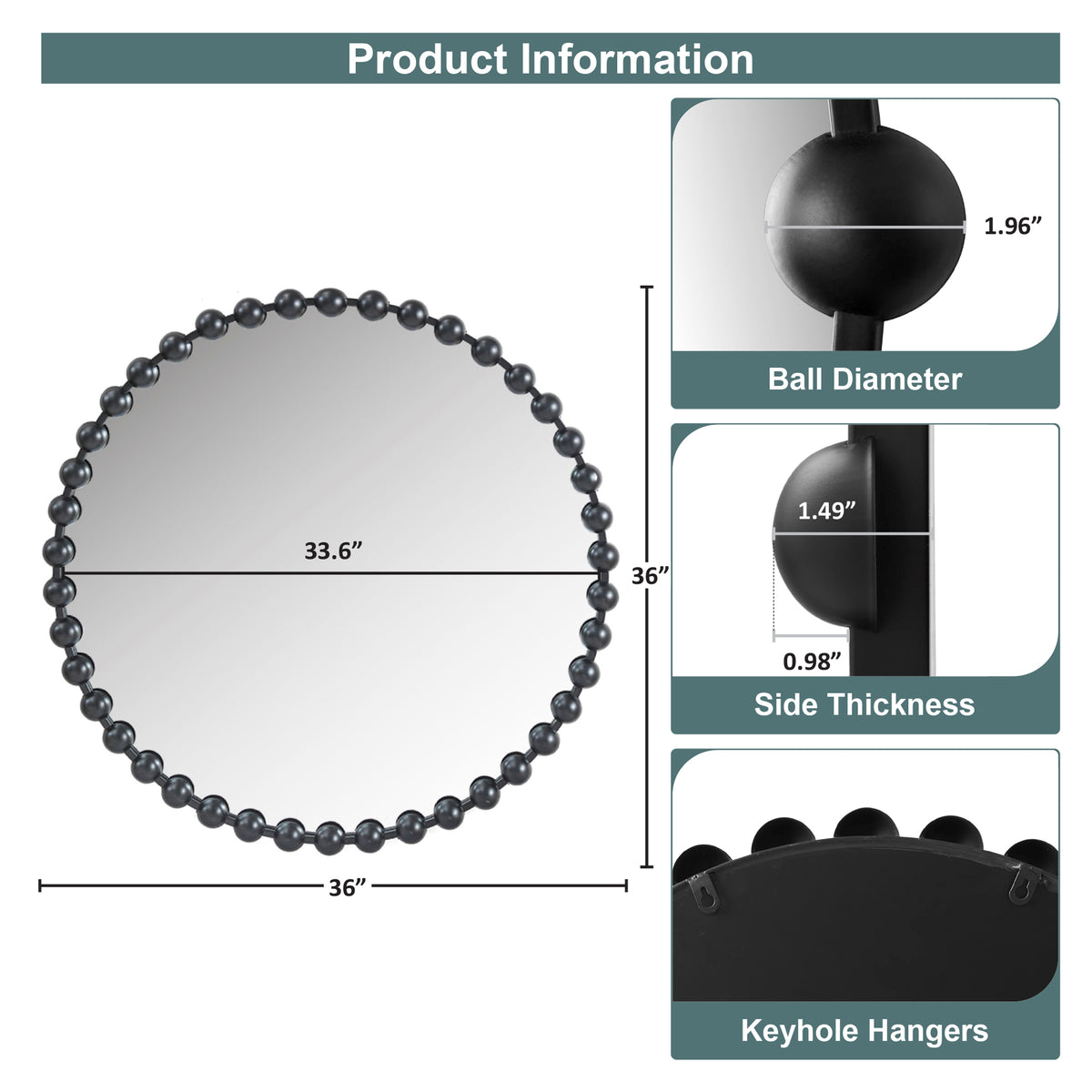 Marlowe Beaded Round Wall Mirror - Black