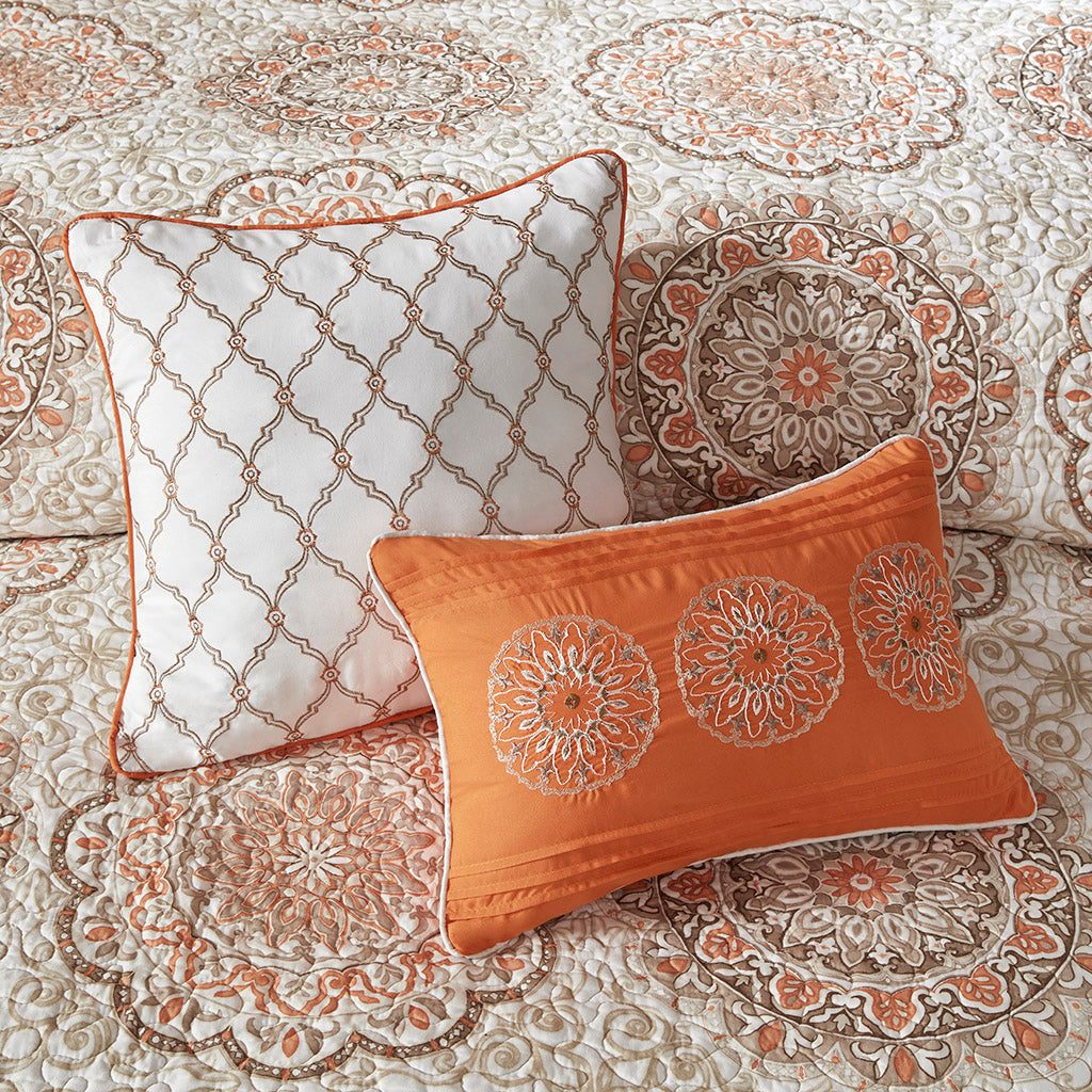 Tangiers 6 Piece Reversible Quilt Set with Throw Pillows - Orange