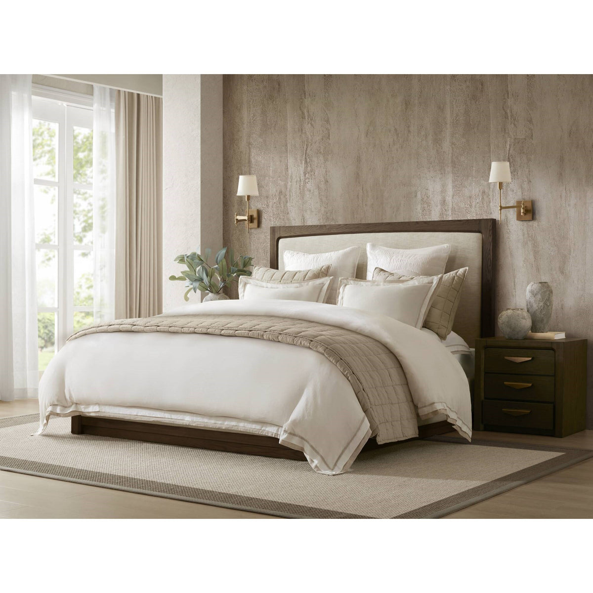 Linen Blend Double Flange Duvet Cover Set - White/Gold