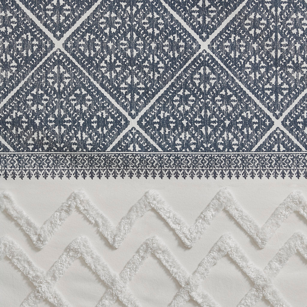 Mila Cotton Printed Curtain Panel with Chenille detail and Lining - Navy