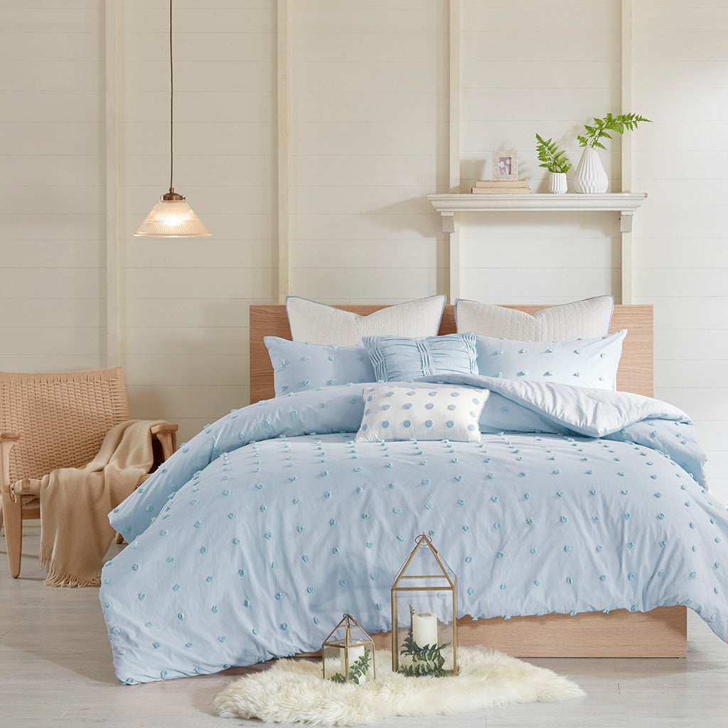 Brooklyn Cotton Jacquard Comforter Set with Euro Shams and Throw Pillows - Blue