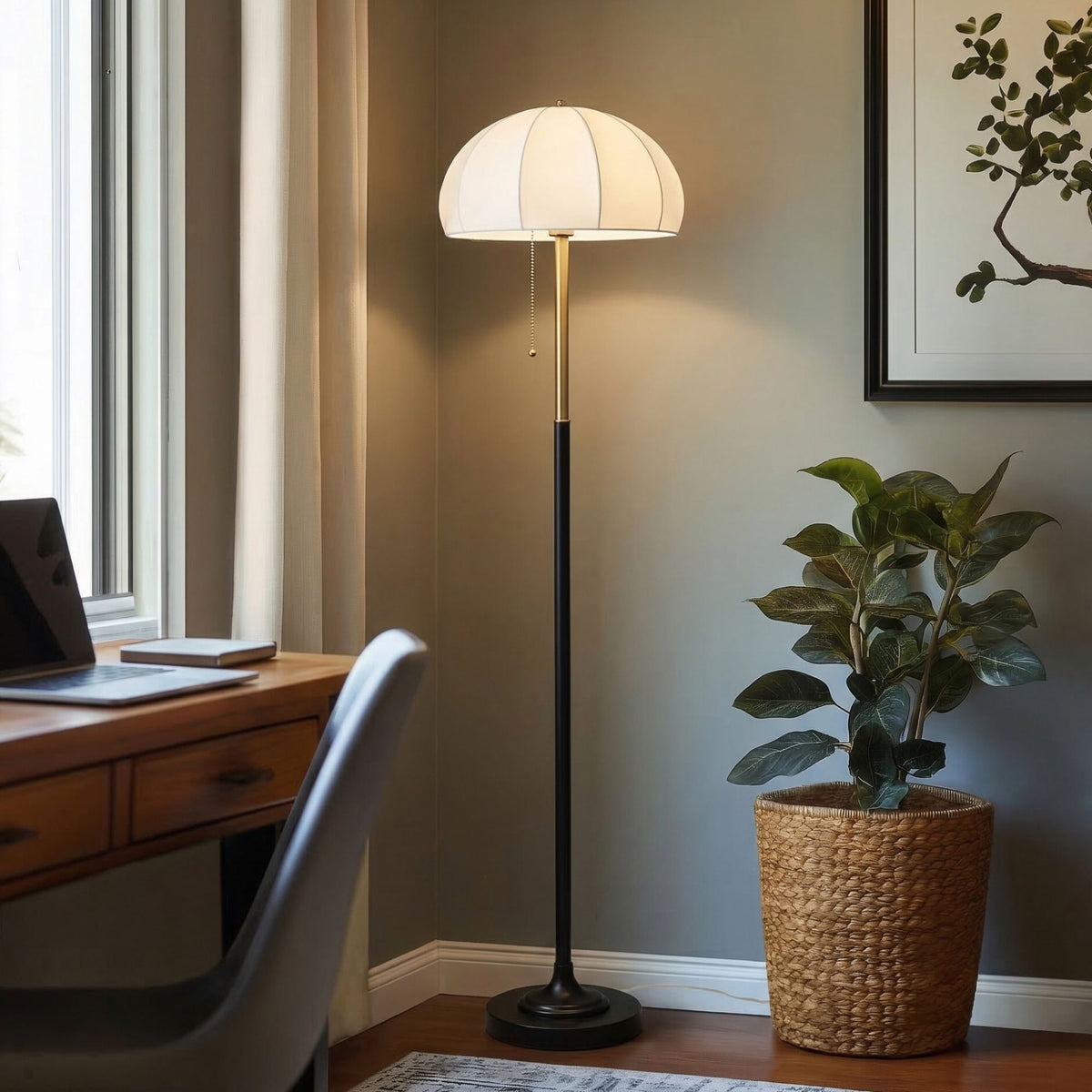 Serin Dimmable Floor Lamp with Dome Shade - Black / Antique Gold