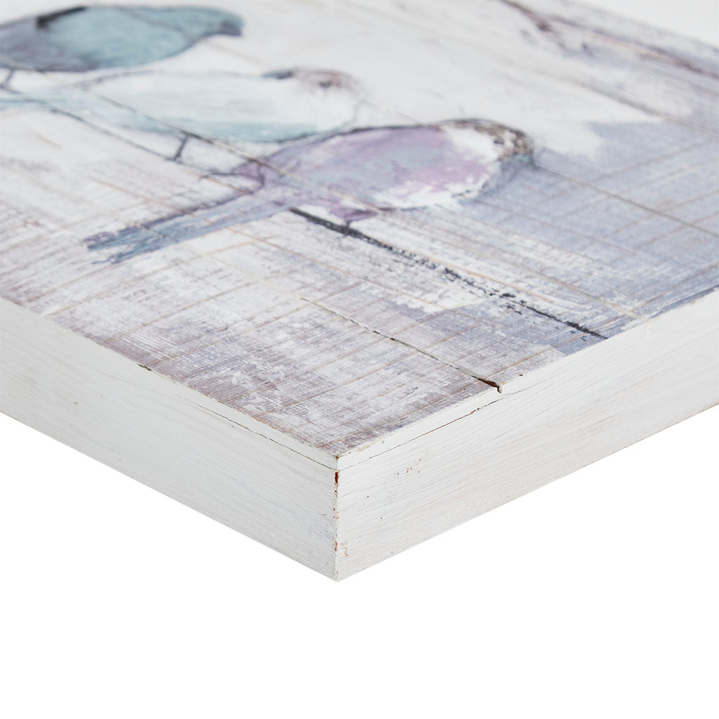 Perched Birds Hand Painted Wood Plank Panel Wall Decor - White/Grey