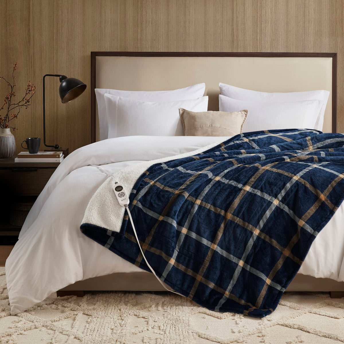 Print Plush to Sherpa Heated Throw - Navy Plaid