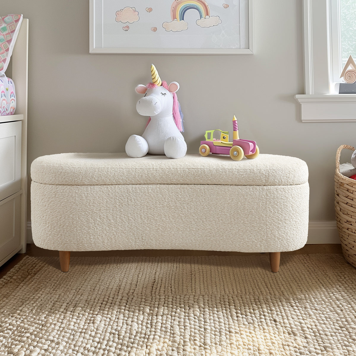 Bailey Boucle-Style Curved Storage Accent Bench - Cream