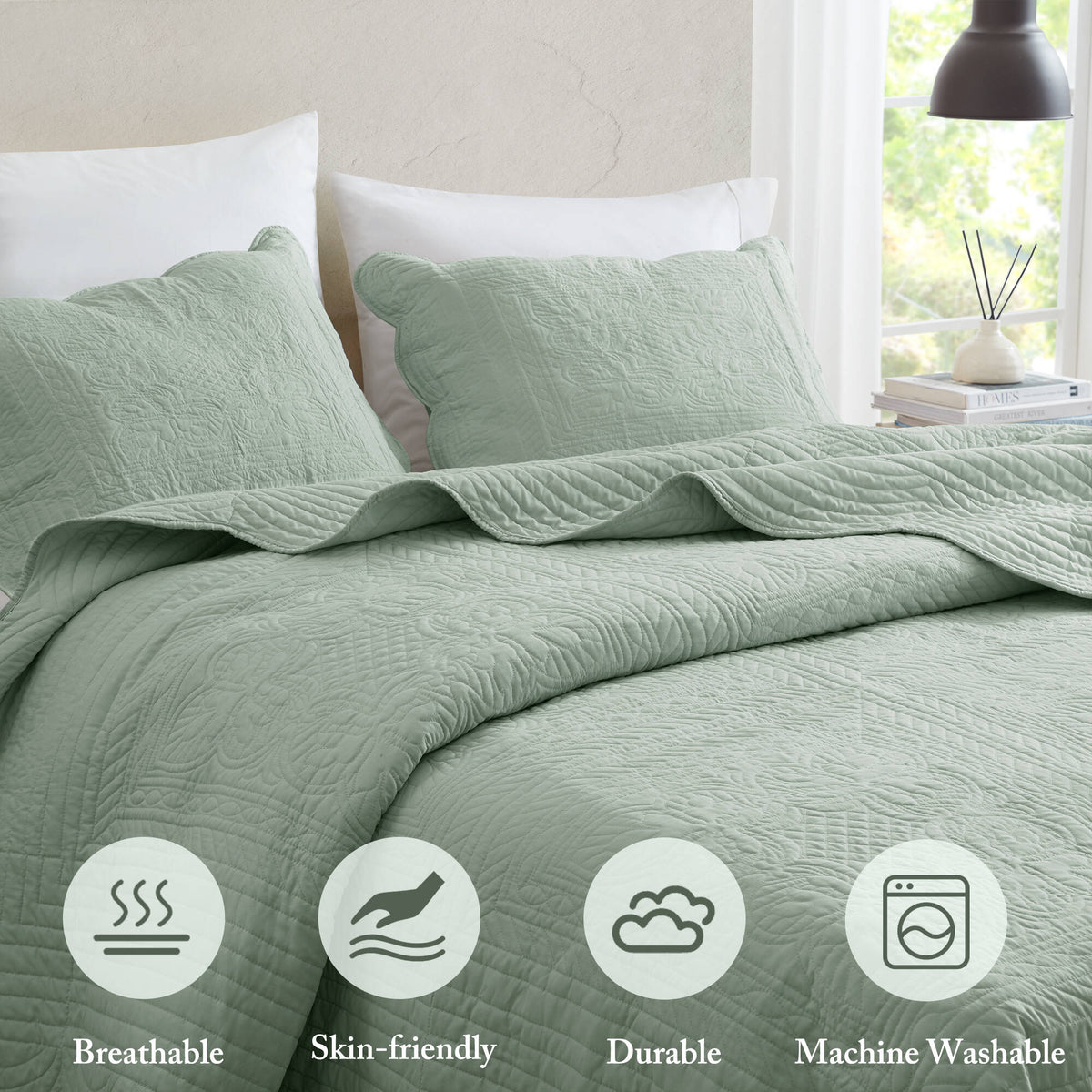 Tuscany 3 Piece Reversible Scalloped Edge Quilt Set - Seafoam