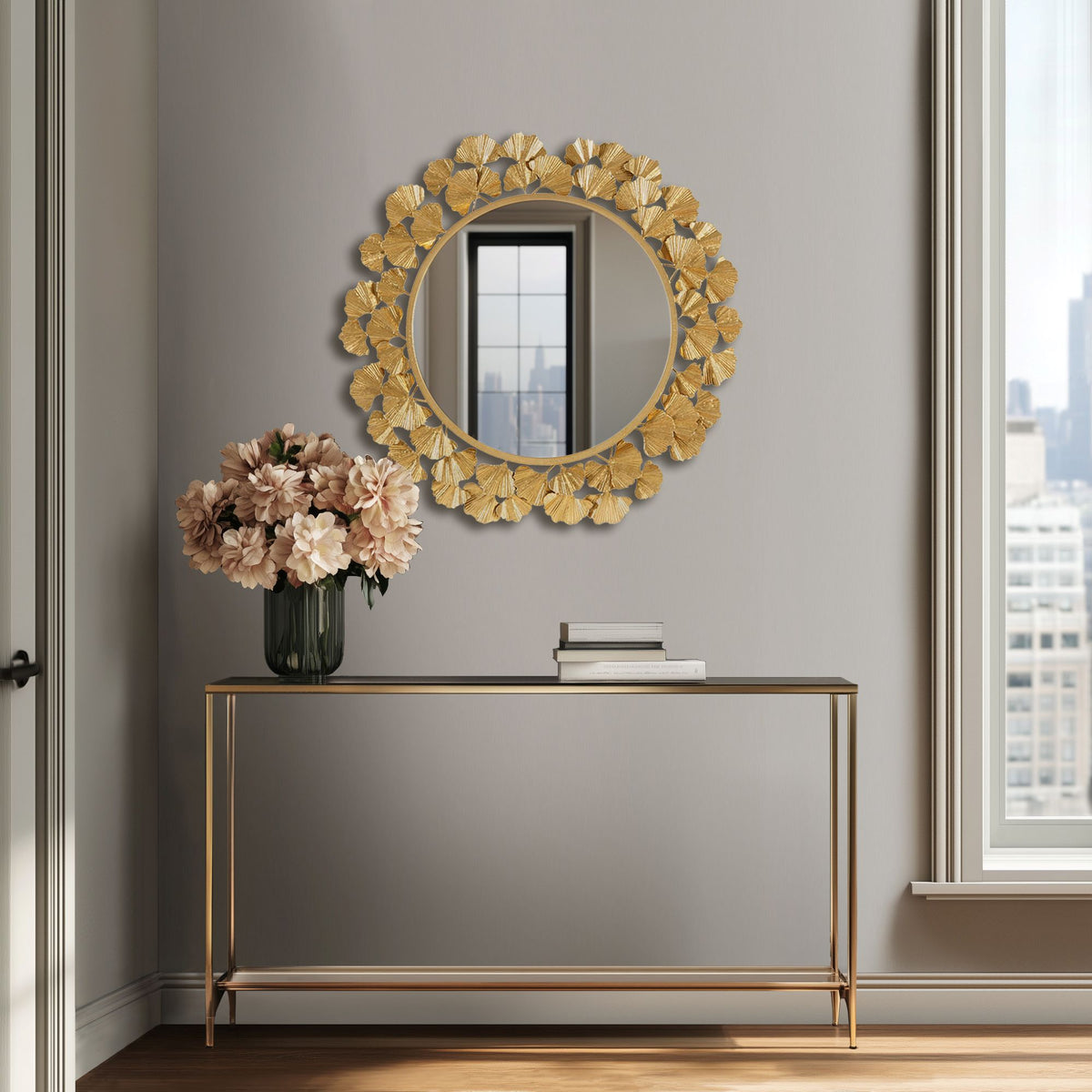 Eden Gingko Leaf Round Wall Mirror 30.5” - Gold