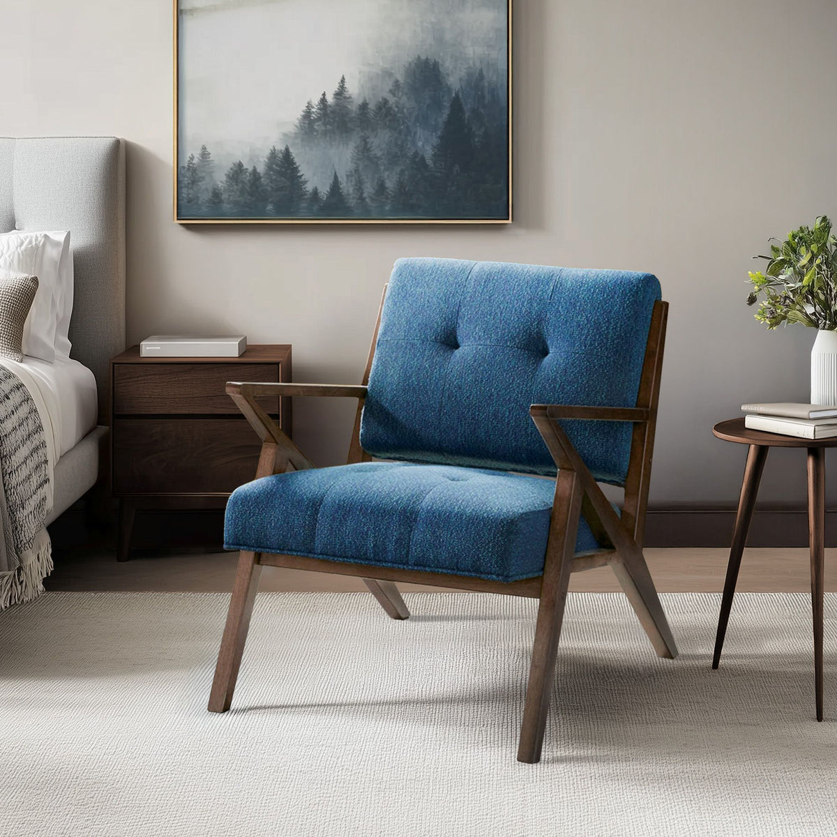 Rocket Upholstered Arm Chair with Angled Wood Frame - Blue/Pecan