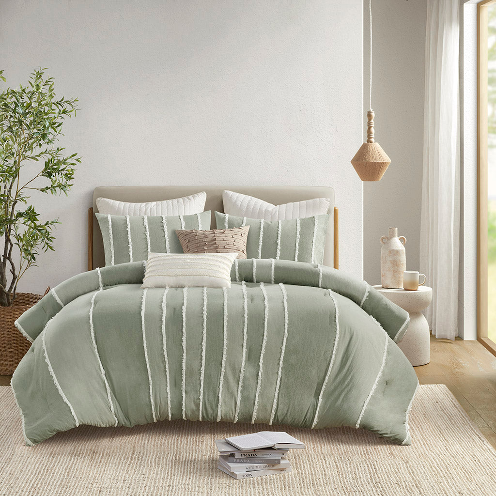 Shay 3 Piece Striped Cotton Comforter Set - Sage