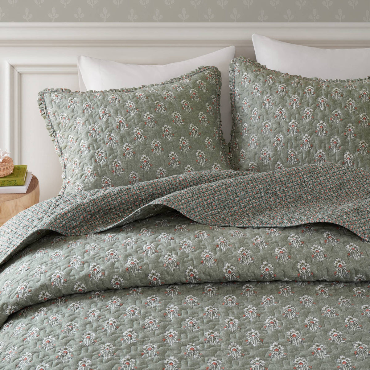 Linwood Ruffle Printed Quilt Set - Sage Green