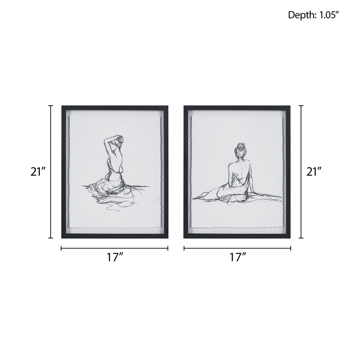 Feminine Figures Sketch 2-piece Framed Glass and Matted Wall Art Set - Black/White