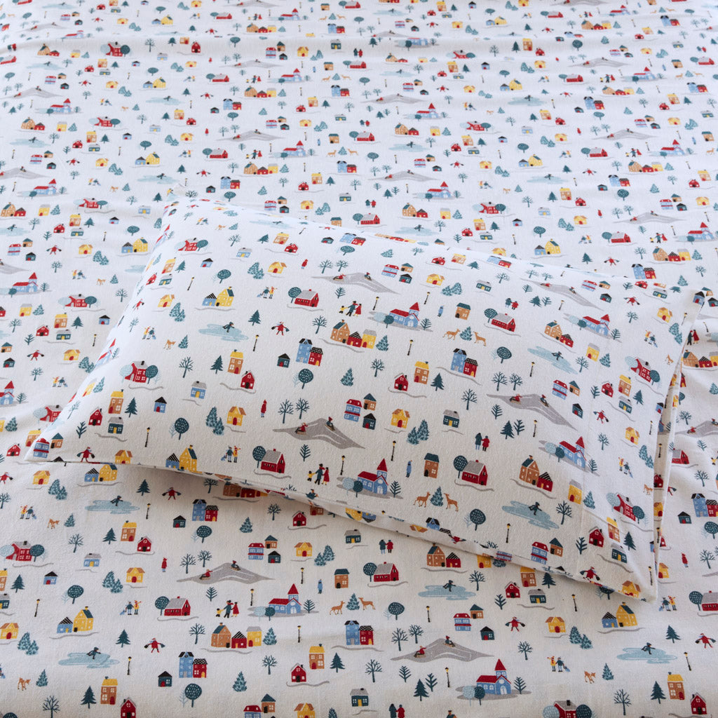 Cozy Cotton Flannel Printed Sheet Set - White Village Print