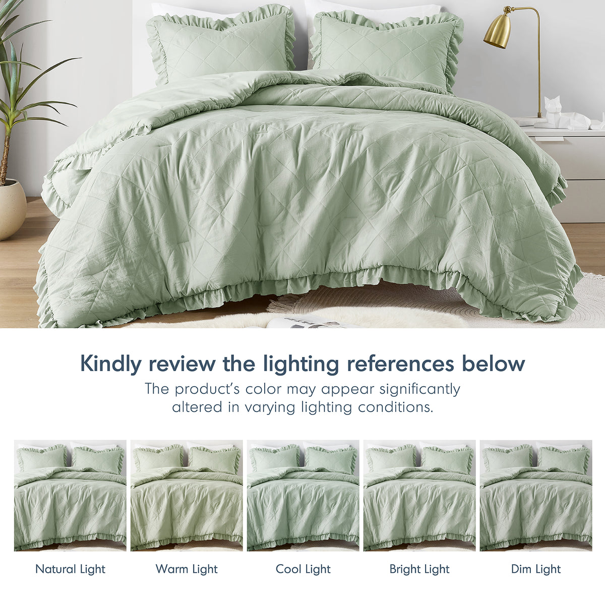 Hannah Diamond Quilted Ruffle Edge Comforter Set - Sage