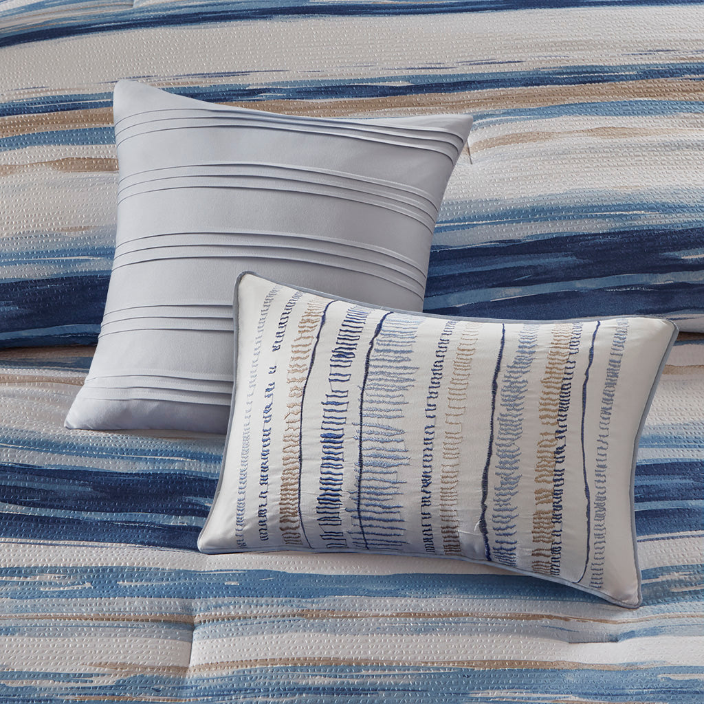 Marina 8 Piece Printed Seersucker Comforter and Quilt Set Collection - Blue